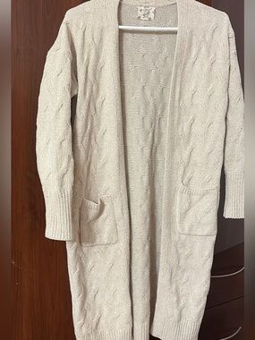 Hippie Rose Cream Open-Front Cable Knit Long Cardigan with Pockets